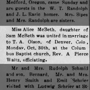 McBeth - Olson Wed 30 Oct. 1939