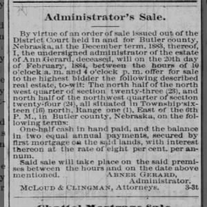 Sale of Ann Gerard estate in Nebraska by Abner Gerard III, Administrator