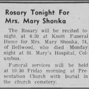 Obituary for Mary Shonka
